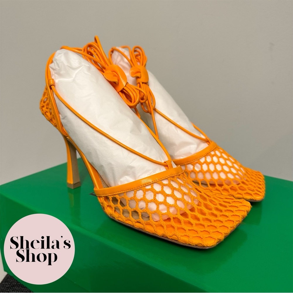 NIB Bottega Veneta Stretch High-Heel Ankle Strap Mesh Sandals, Size 37.5